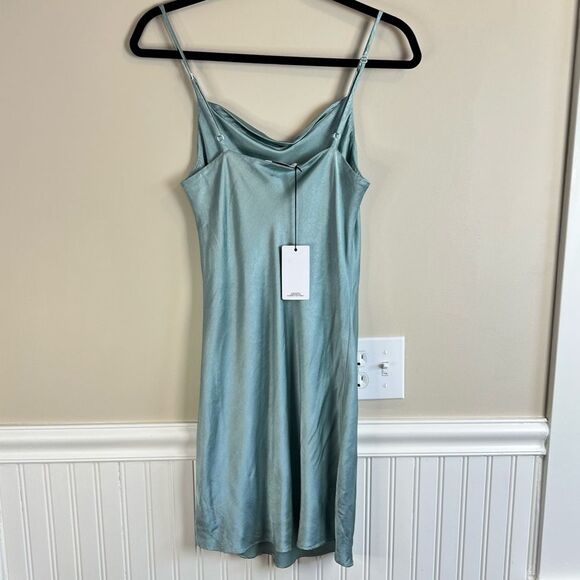 Lanston NWT Seafoam Green Bias Cut Mini Slip Dress Lined Metallic Sheen Green XS - Picture 3 of 13